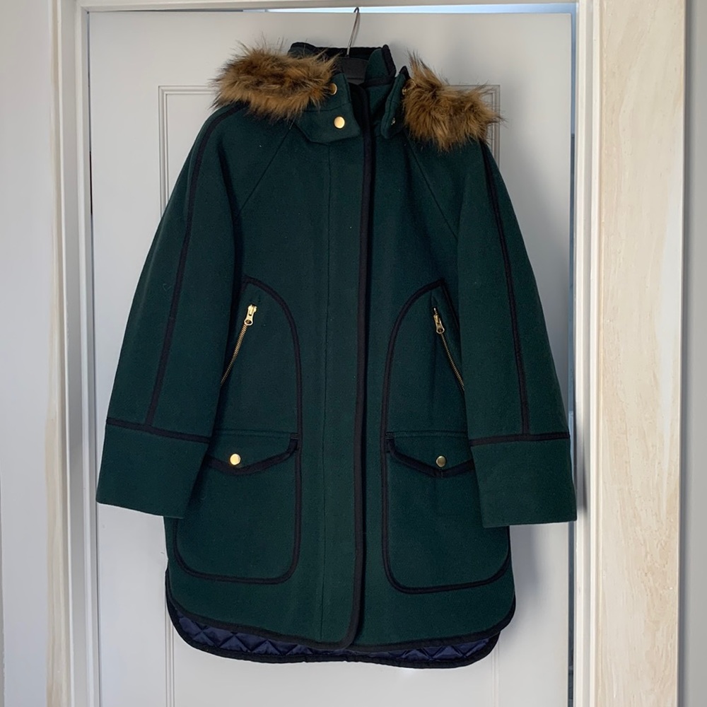 J Crew Summit Parka in Italian Stadium-cloth Wool in Dark Forest Green